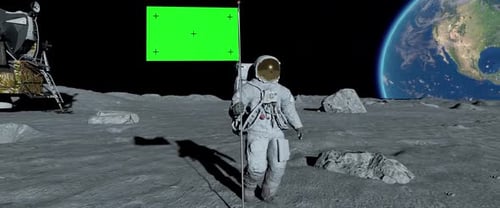 Astronaut on Moon with Green Screen Flag and Earth View