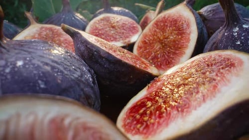 Camera Moves Between Sliced Halves Healthy Juicy Ripe Figs Dolly Slider Macro