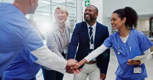 Workers, nurses and happiness with celebration, hospital and healthcare