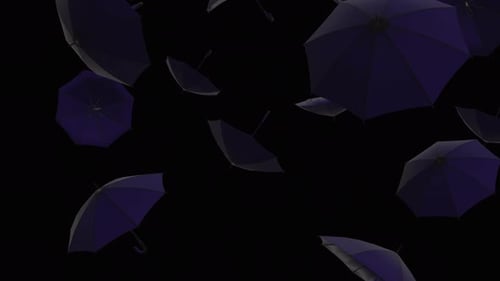 Falling blue umbrellas over alpha channel. Rain of umbrellas across the screen. Umbrellas background