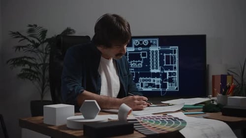 The Architect Designer Works with Drawings and Samples of Materials A Man at a Workplace in a Design