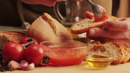 Delicious Tapas Bread with Tomatoes Pasta with Olive Oil Closeup Bruschetta with Red Sauce Ketchup