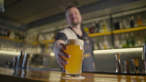 Caucasian Bartender Puts a Glass of Beer on the Counter