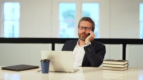 Businessman Talking on Phone at Office Employee Talking on Phone Phone Meeting Business Man Using