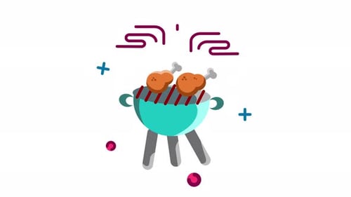 Animated Flat Design Barbecue Grill with Chicken
