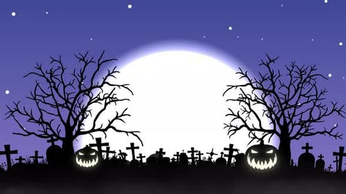 Halloween Background Animation with Big Moon Animated Trees Flying Bats and Scary Pumpkins
