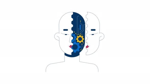 Human head split open to reveal mechanical gears circuits 2D character animation