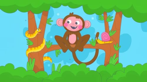 Singe de dessin animé heureux dans un arbre forestier avec serpent et escargot - Animations d'animaux de dessin animé adaptées aux enfants