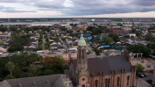 Aerial reveal of the French Quarter in New Orleans, Louisiana post Hurricane Ida