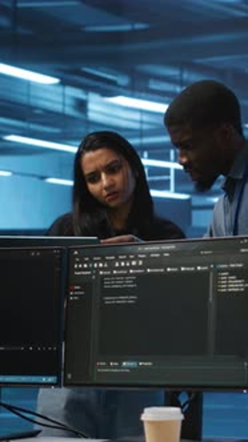 Vertikales Video Multiethnisches Ingenieurteam im Rechenzentrum verwendet Laptop zum Programmieren