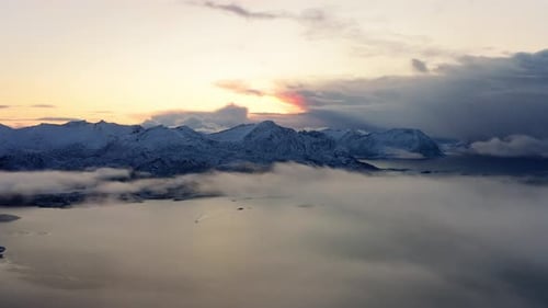 Snowy Mountains Misty Sunrise Aerial View