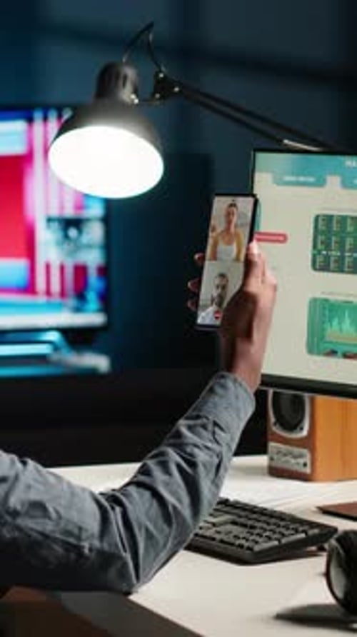 Vertical Video Economist on Video Conference Chat with Consultants Analyze Earnings Balance