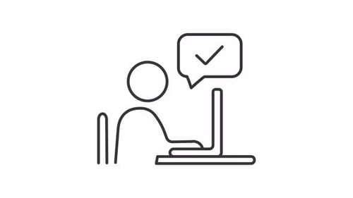 Animated Minimalist Icon of Person Working on Laptop with Checkmark