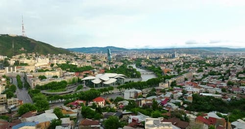 Cityscape And Public Service Hall, House of Justice Passport Office In Tbilisi, Georgia. Aerial Dron