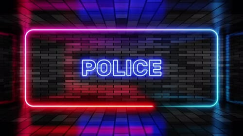 Neon sign police in speech bubble frame on brick wall background 3d render. Light banner