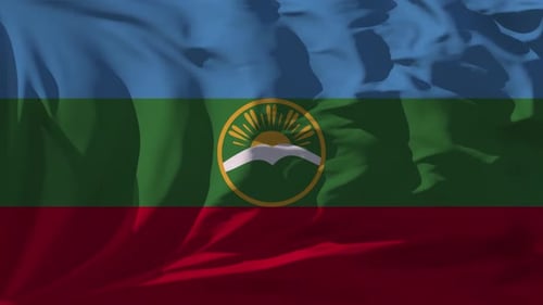 Realistic Waving Flag with Sun and Mountain Emblem