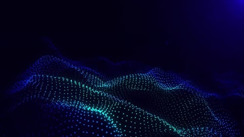 Blue and green dots form a wave pattern on a dark background