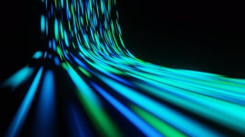 Dynamische, mehrfarbige Lichtspuren, die im Weltraum schweben und Netzwerke und Glasfaserkonzepte verkörpern