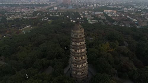 Aerial Over Old Historical Stone Buddhist Temple on Sunset Asia Religion