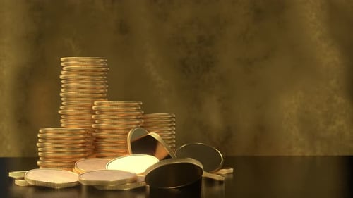 Falling coins. Much money. earned capital. Wealth in the bank. Storage of gold coins. Treasure hoard