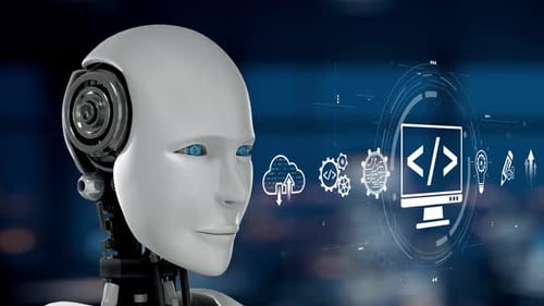 Futuristic Robot with Advanced Technology Displaying Code and Data Analytics in a Digital Environmen