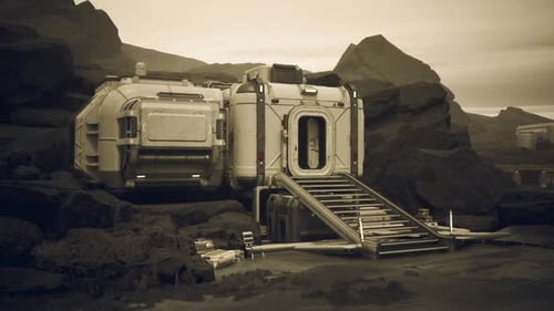 Colonist Base on a Distant Planet Surrounded By Rocky Terrain at Dusk