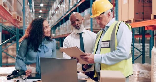 Team, engineer and people with documents in factory for distribution, shipping and discussion