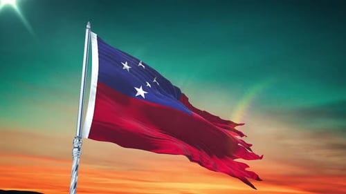 Flagge von Samoa, die realistisch weht, mit Himmel