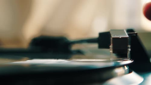 Closeup Head of a Vinyl Player Plays Music on a Black Record