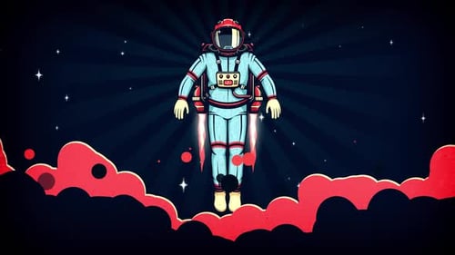 Un astronaute en combinaison spatiale avec jetpack décolle au-dessus des nuages cosmiques
