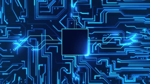 Glowing circuit board with moving electrons and empty space square. Data flow on a motherboard.