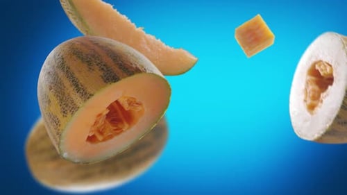 Tranches de melon volant et de melons sur fond bleu