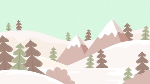 Animated Flat Design Winter Mountain Landscape Snowfall