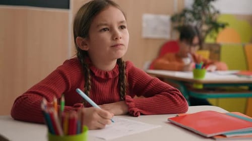 Cute Smart Clever Caucasian Primary School Child Girl Kid Daughter Schoolgirl Pupil Learn Writing