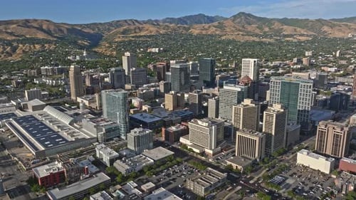 Aerial high angle shot from Salt Lake City downtown Buildings and main streets