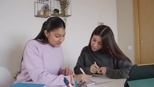 Two Young Women Study Together Indoors at Table