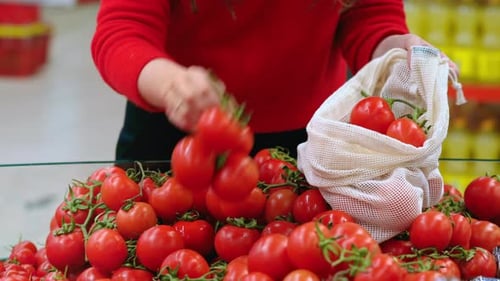 Mujer recogiendo tomates en una bolsa reutilizable en una tienda. Temáticas del Día de la Tierra y la Ecología