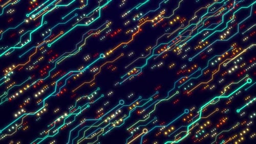 Digital Circuit Board Background With Glowing Lines And Data Flow. High-tech Abstract Network