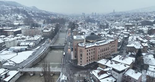 Sarajevo City Hall or National Library in Town Center Aerialhyper Lapse or Time Lapse