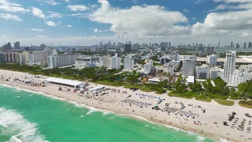 Miami Beach City with High Luxury Hotels and Condos and Sandy Beachfront High Angle View of Tourist