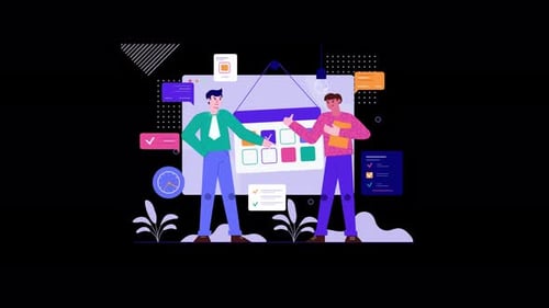 Two men collaborating on a digital interface design.