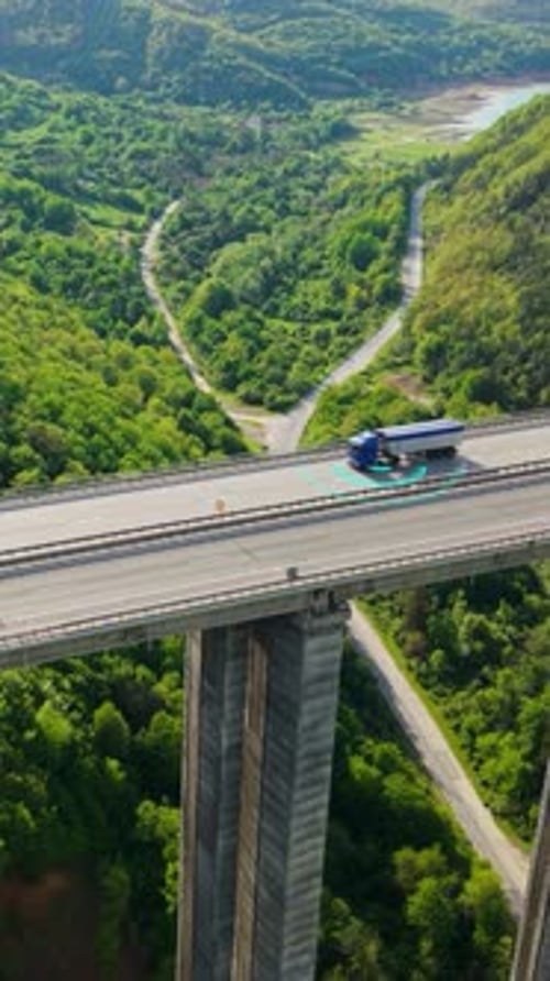 SelfDriving Trucks and Cars on Bridge AI Autonomous Vehicles with Smart Sensors GPS and Intelligent