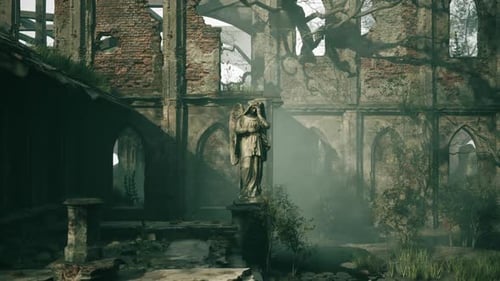 Ruined Gothic Architecture with a Statue Surrounded By Overgrown Vegetation