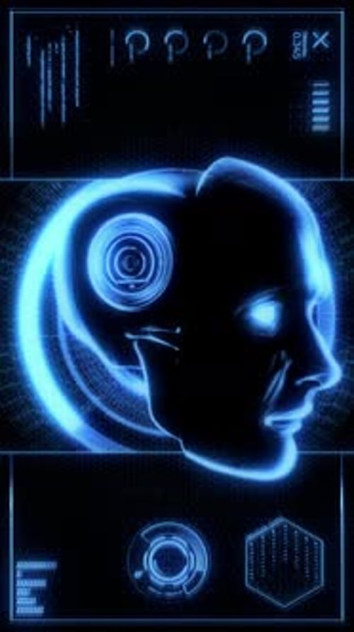 Futuristic HUD Display of Glowing AI Head