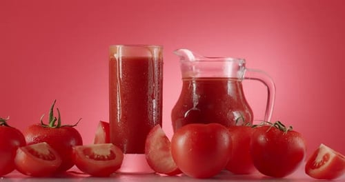 Fresh Tomato Juice Splashing in a Glass in Slow Motion