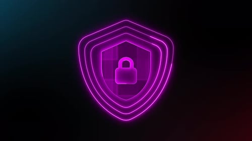Digital cybersecurity concept with glowing pink shield and padlock animated on a dark background.