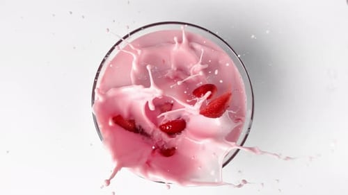 Top View Super Slowmotion of Strawberry Milkshake or Yogurt and Falling Berries Delicious Cocktail