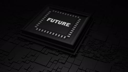 Futuristic chip with moving neon energy lines