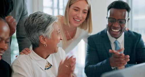 Stock market, woman or happy traders clapping for success in celebration for global news
