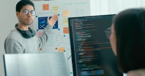 Adult Asia male female software developers mentor leader manager talk strategy plan to executive.